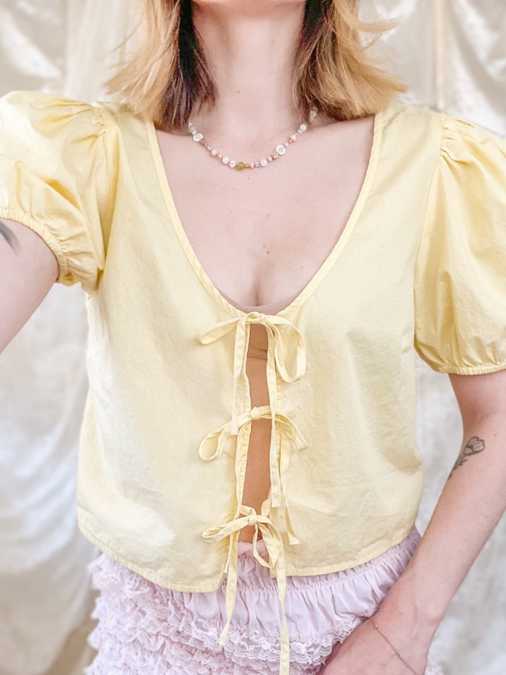 Butter Yellow Puff Sleeve Tie-Front Cottage Blouse